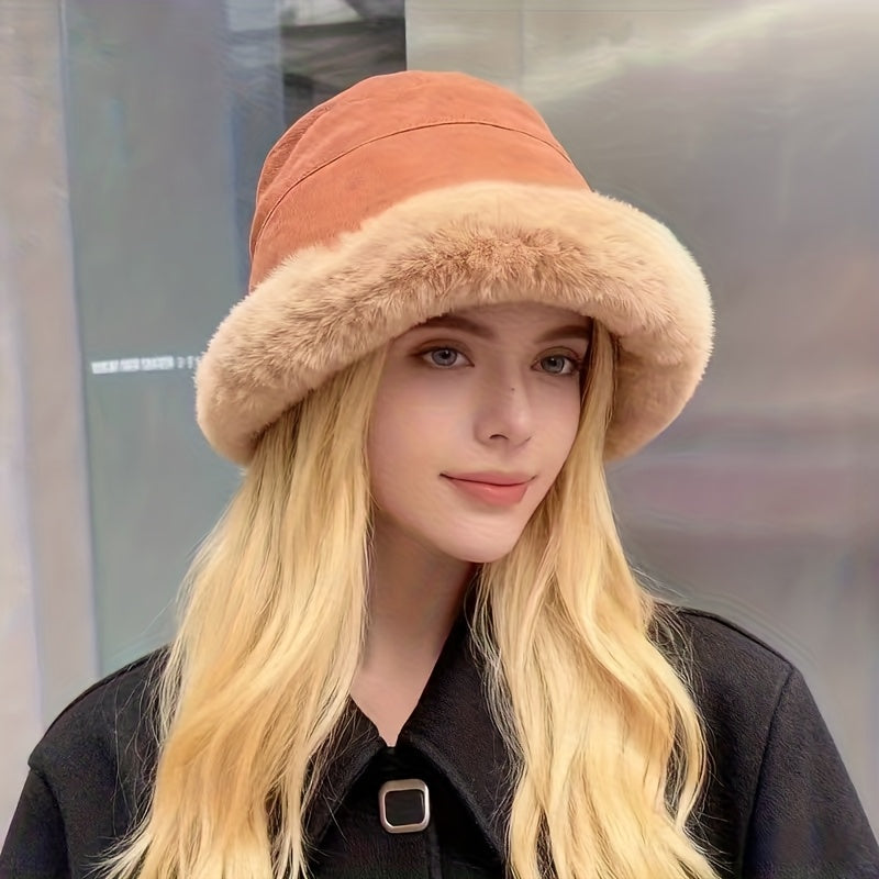 Winter Thermal Bucket Hat, Faux Fur Plush Thickened Ear Protection Fisherman Warmer Hat For Women Xmas Gift
