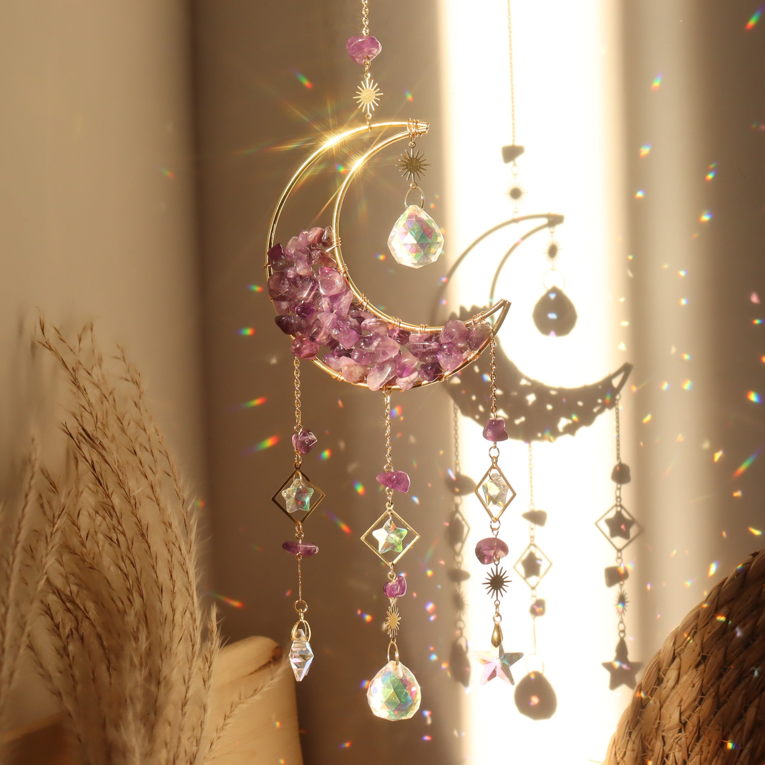 1pc Exquisite Amethyst Moon Crystal Prism Suncatcher - Half Moon Shaped Window Hanging Pendant Glass Prism Decor with Rainbow Effect - Wind Chime, Sun Catcher for Home, Garden, Porch, and Outdoor Decor