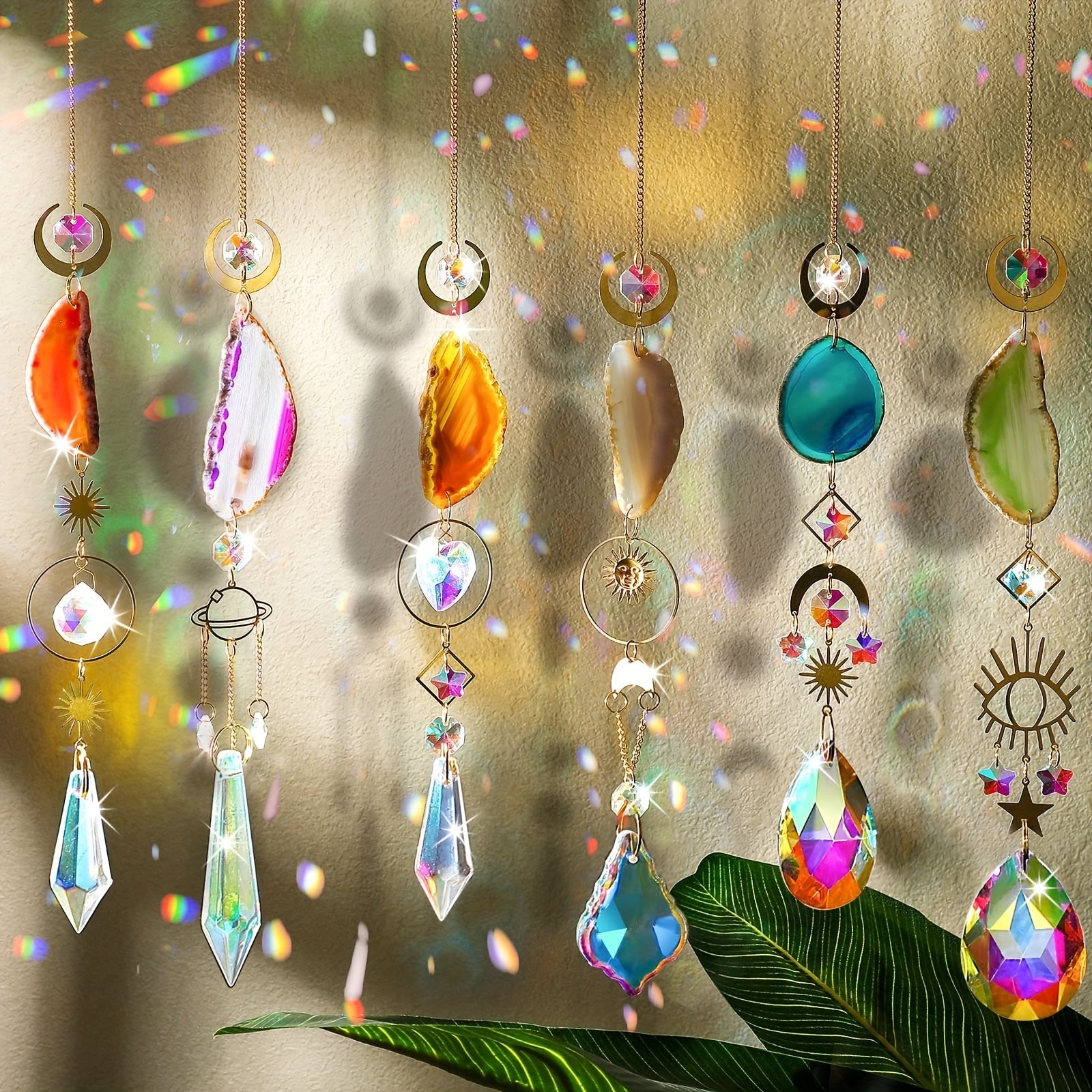 6pcs Crystal Suncatcher Sun Catchers Indoor Window Hanging Sun Catchers with Crystals Light Catcher with Prisms and Agate Slices for Indoor Outdoor Home Garden Wedding Decor
