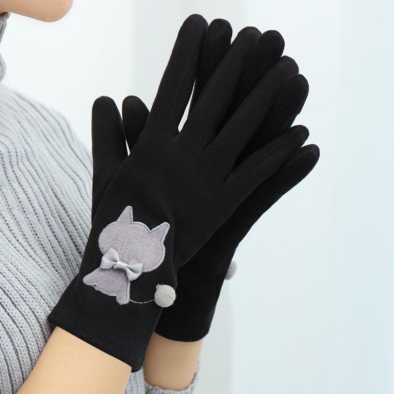 DeRong Gloves for Women in Winter with Extra Fleece for Warmth and Cold Protection, Cat Embroidery, Touch Screen, One Size Fits All, for Riding and Driving