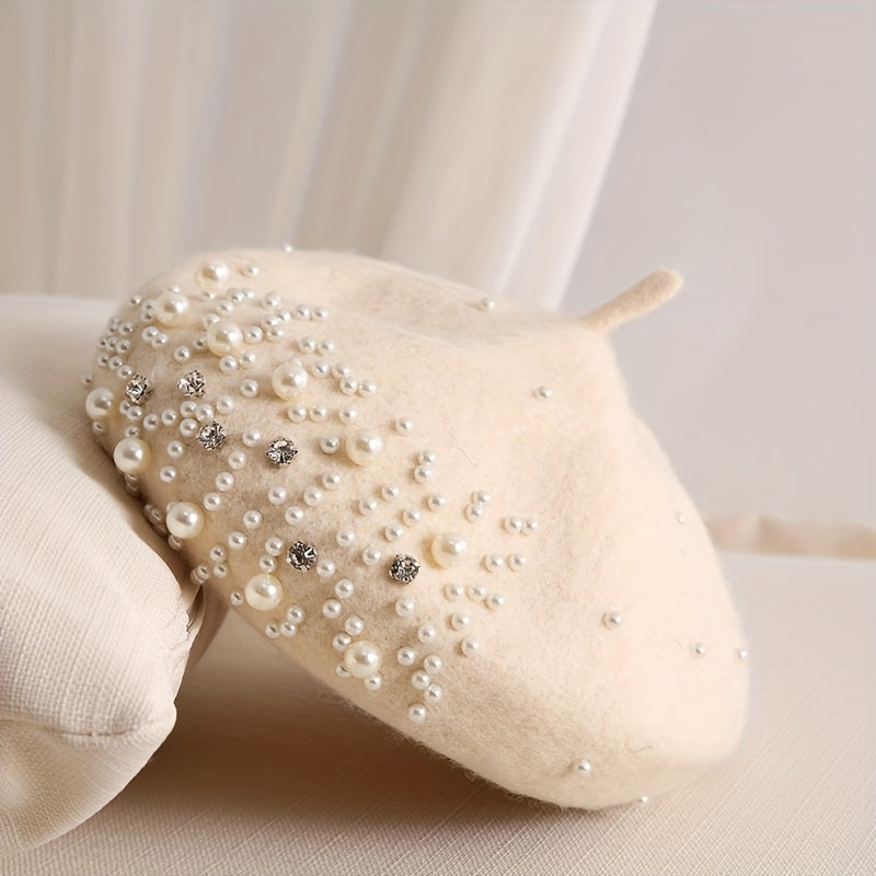 Faux Pearl Rhinestone Beret Winter Thermal Beret Outdoor Fashion Casual Style Hat For Women   Chinese New Year Presents Valentine's Gifts