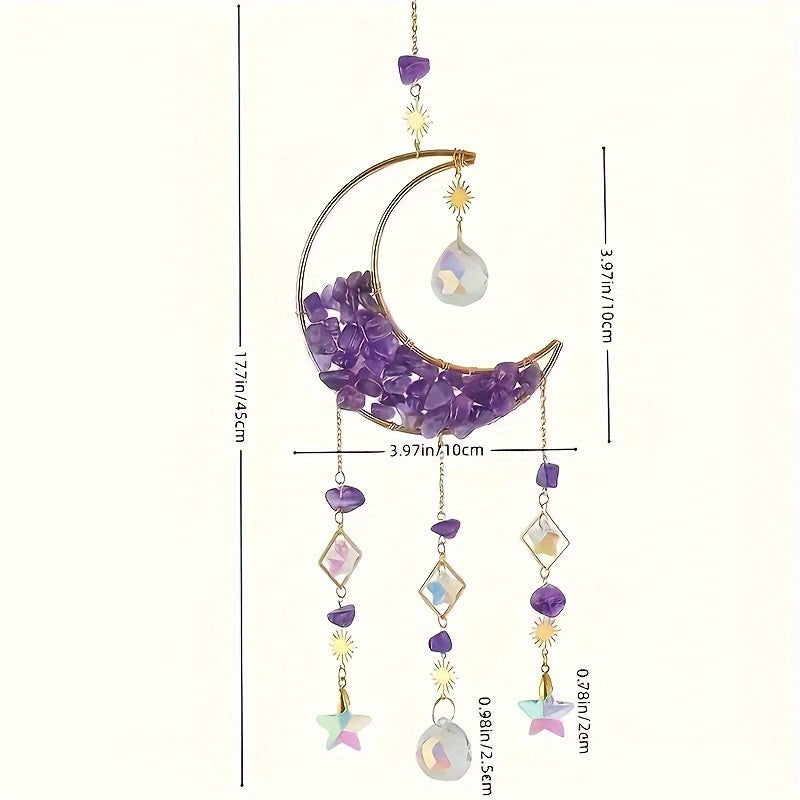 1pc Exquisite Amethyst Moon Crystal Prism Suncatcher - Half Moon Shaped Window Hanging Pendant Glass Prism Decor with Rainbow Effect - Wind Chime, Sun Catcher for Home, Garden, Porch, and Outdoor Decor