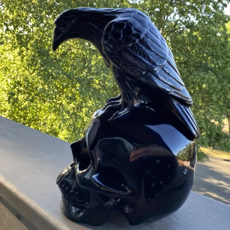 Raven on Skull Figurine - Resin Crow Sculpture, Halloween Decor, Goth Statue for Home & Garden, Theme: Halloween, Indoor & Outdoor Use, No Electricity Required