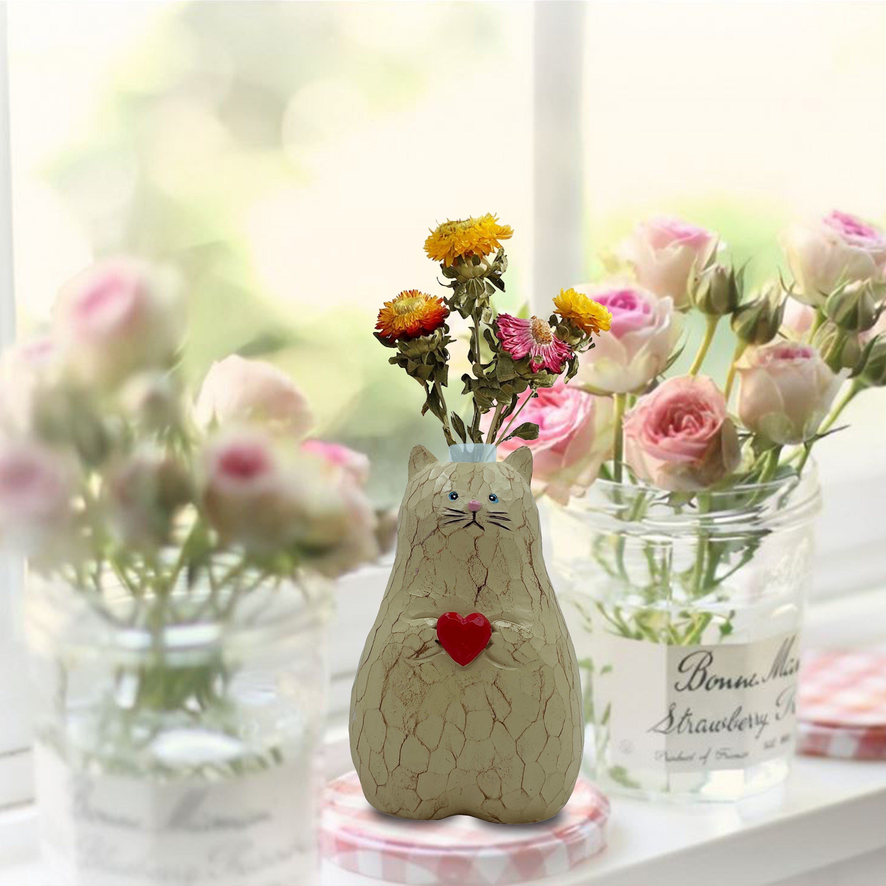 1pc Adorable Cat-Shaped Resin Vase with Red Heart - Perfect for Valentine's Day & Wedding Decor, Ideal for Hydroponic Plants & Flower Arrangements, Versatile Indoor Planter for Home Garden Enthusiasts, Flower Vase