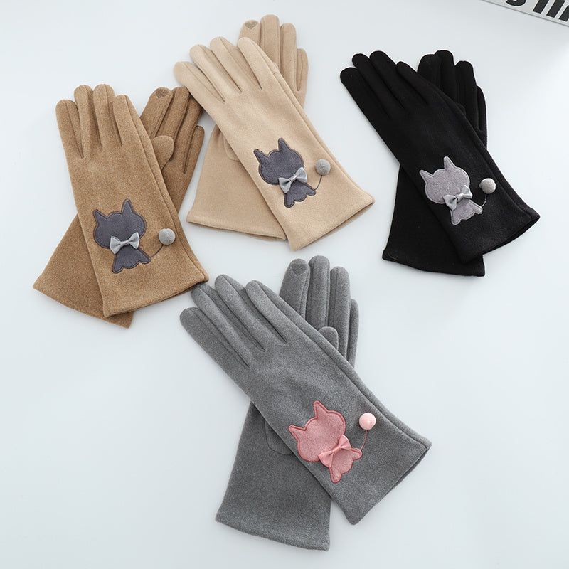 DeRong Gloves for Women in Winter with Extra Fleece for Warmth and Cold Protection, Cat Embroidery, Touch Screen, One Size Fits All, for Riding and Driving