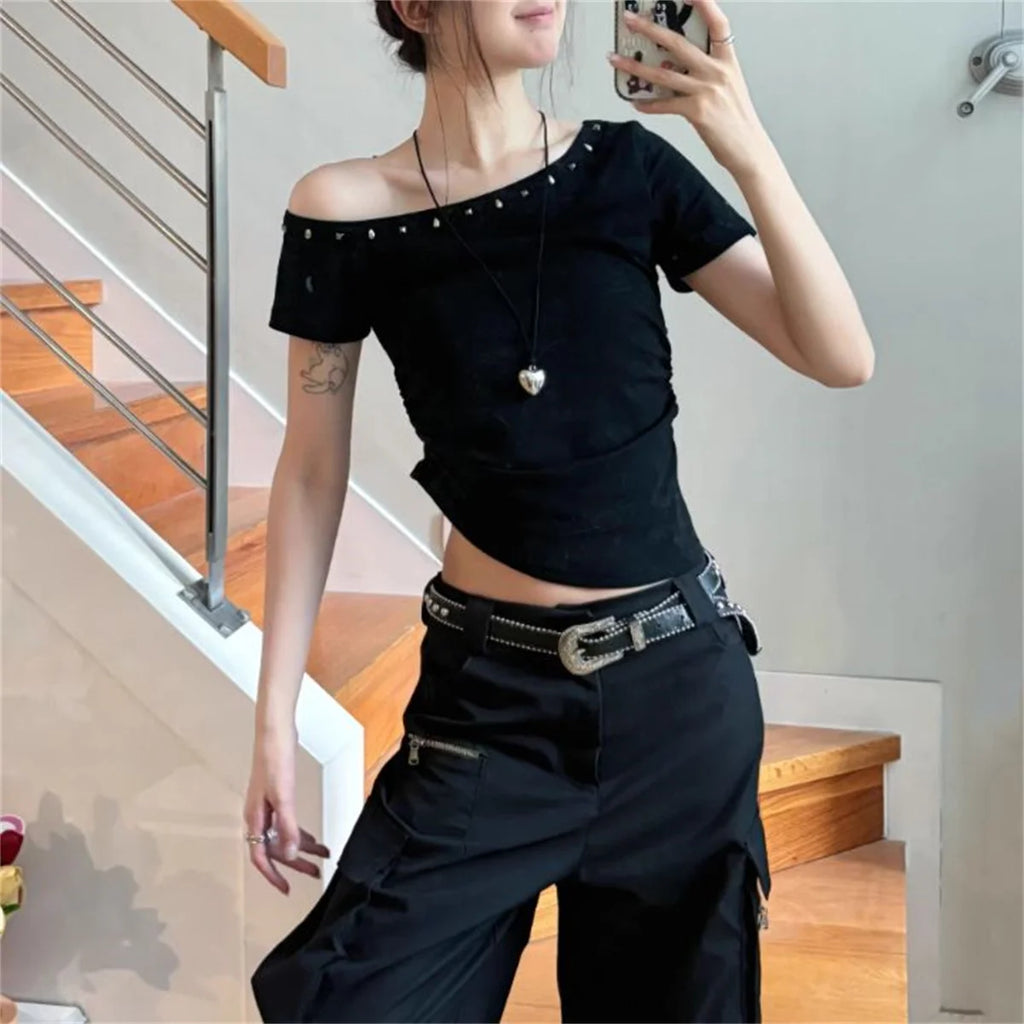 Black Sexy One Shoulder Tops Women 2025 Summer Streetwear Ribbed Slim Fit Tight T-Shirt Female Y2K Grunge Punk Daily Crop Tops