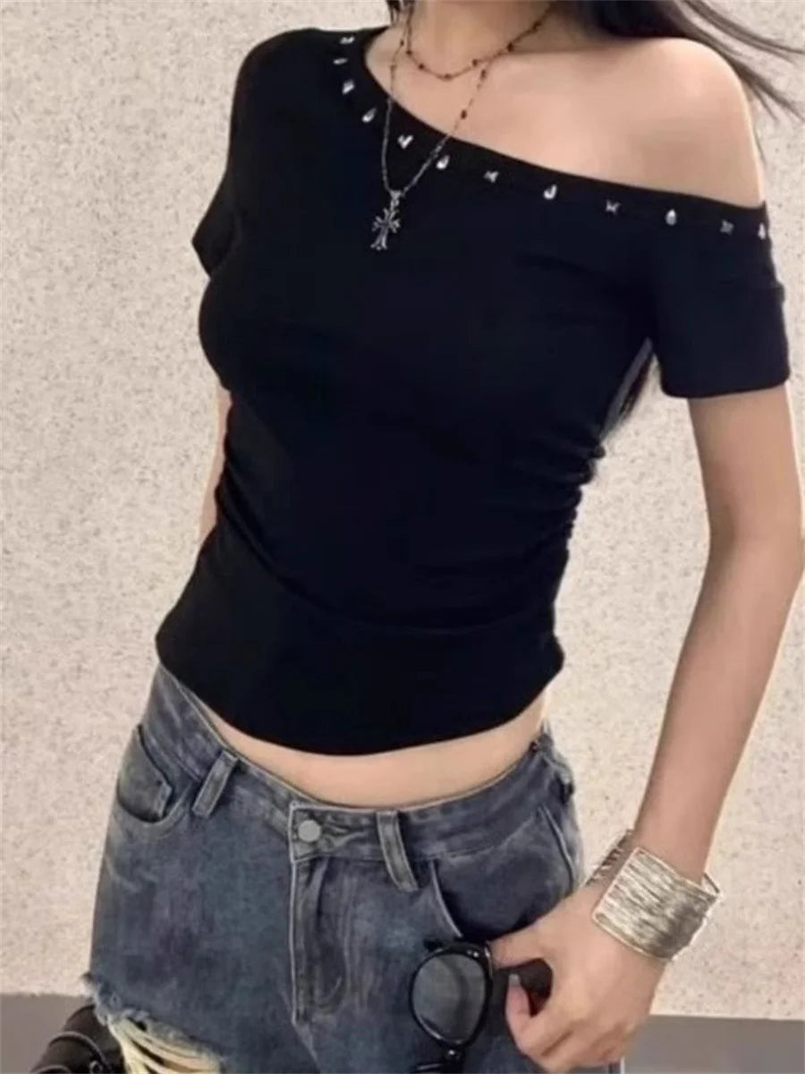 Black Sexy One Shoulder Tops Women 2025 Summer Streetwear Ribbed Slim Fit Tight T-Shirt Female Y2K Grunge Punk Daily Crop Tops