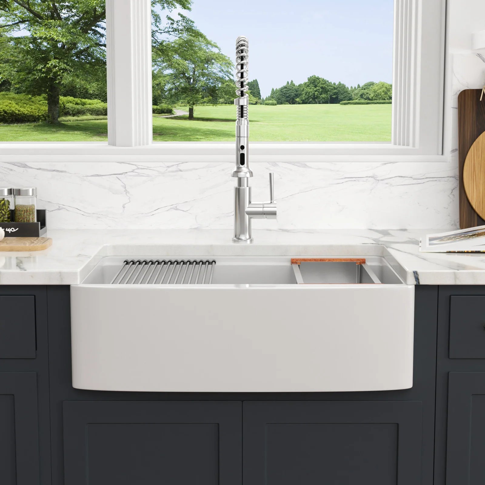 US Stock Free Shipping Kitchen Sink with Slide Ledge Curved Apron Front White Fireclay  33" White Farmhouse Sink Workstation