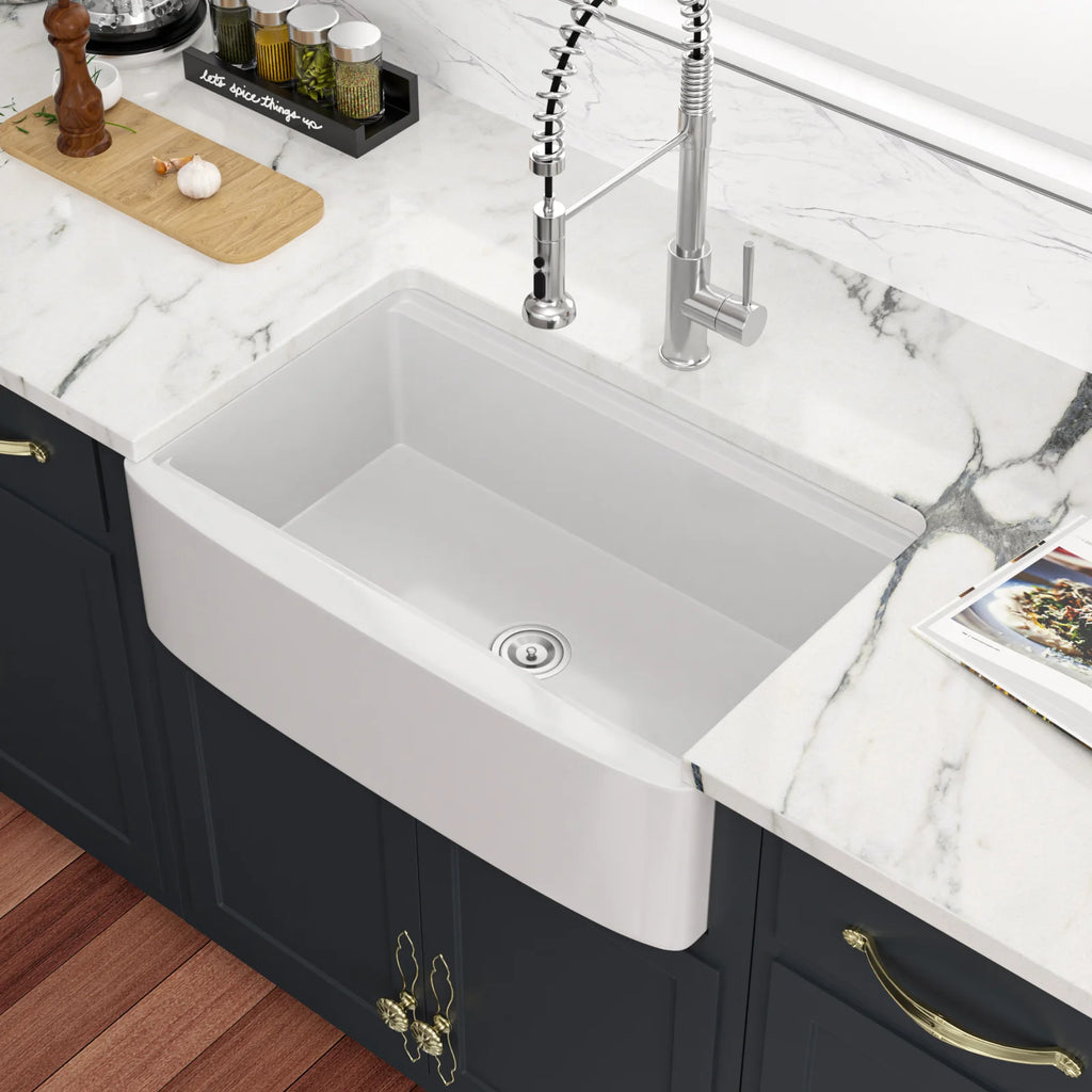 US Stock Free Shipping Kitchen Sink with Slide Ledge Curved Apron Front White Fireclay  33" White Farmhouse Sink Workstation