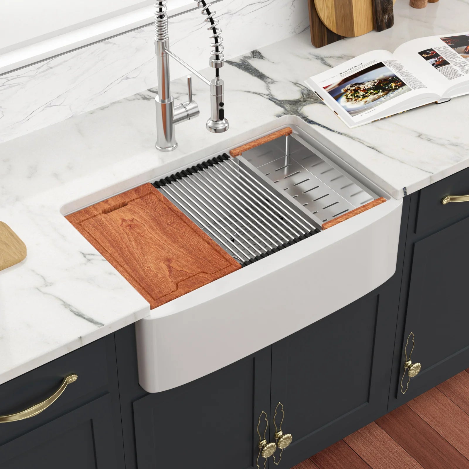 US Stock Free Shipping Kitchen Sink with Slide Ledge Curved Apron Front White Fireclay  33" White Farmhouse Sink Workstation