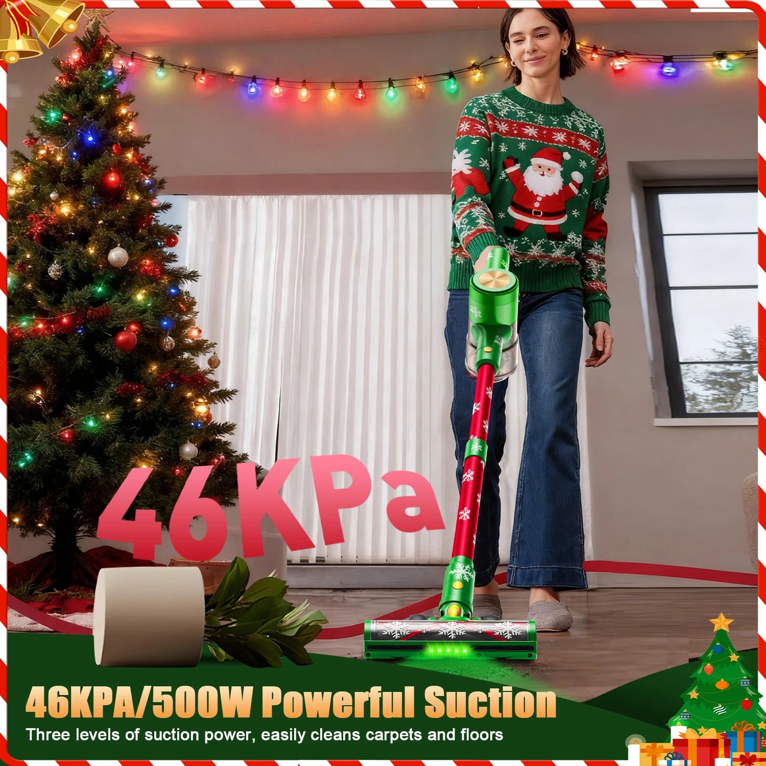 Christmas Cordless Stick Vacuum Cleaner Powerful Suction Self-Standing Household Hotel Car Pet Hair Carpet Cleaning Dry HEPA