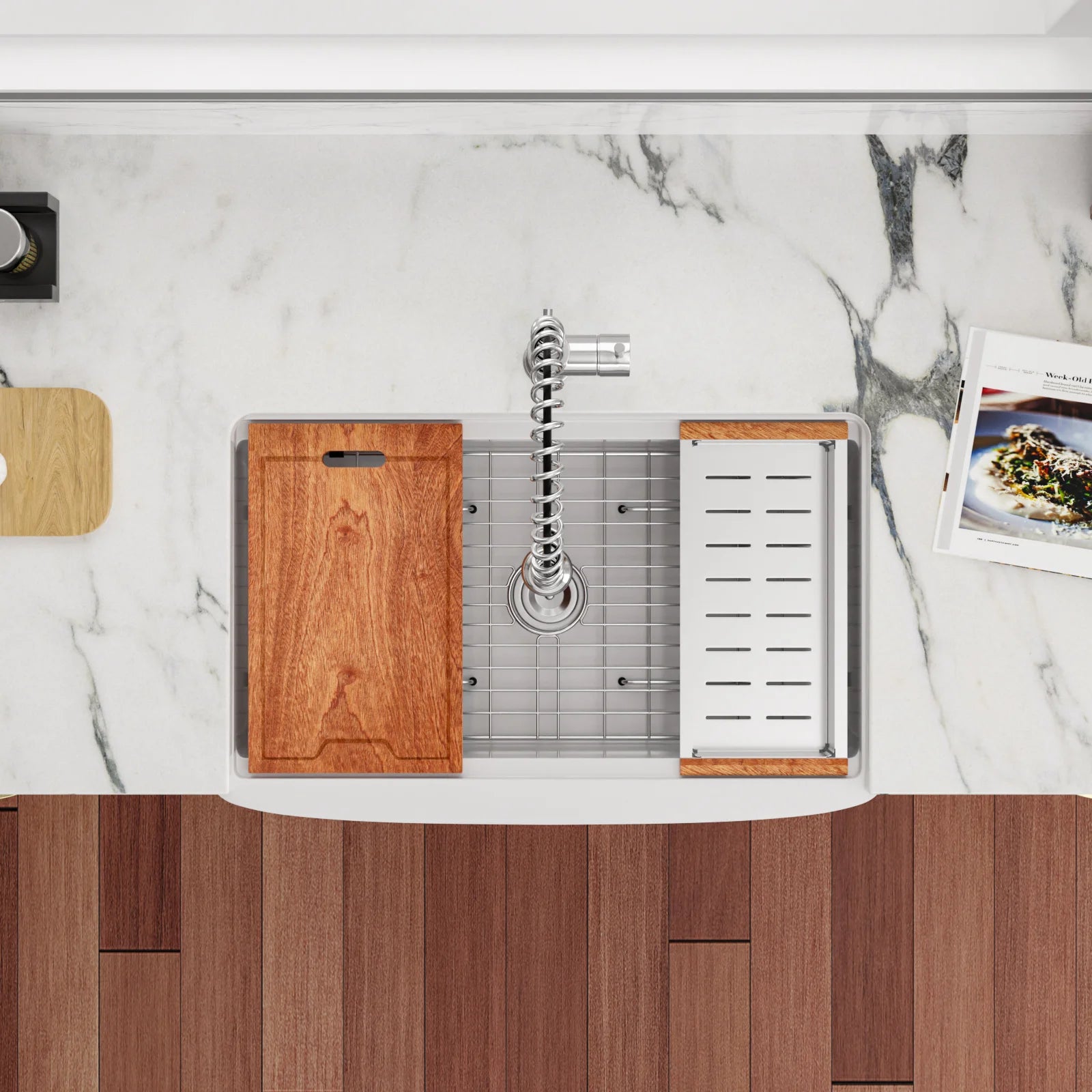 US Stock Free Shipping Kitchen Sink with Slide Ledge Curved Apron Front White Fireclay  33" White Farmhouse Sink Workstation