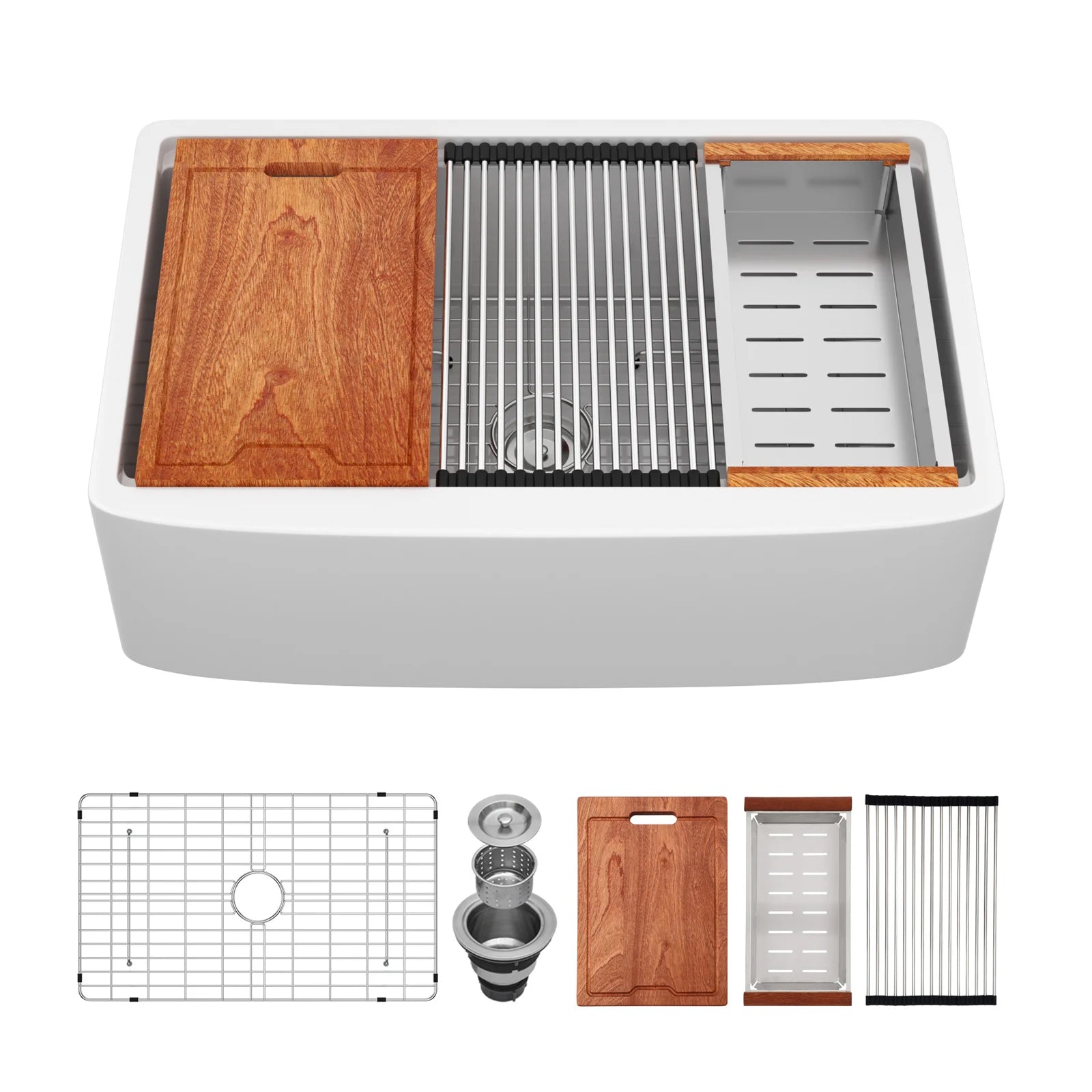 US Stock Free Shipping Kitchen Sink with Slide Ledge Curved Apron Front White Fireclay  33" White Farmhouse Sink Workstation