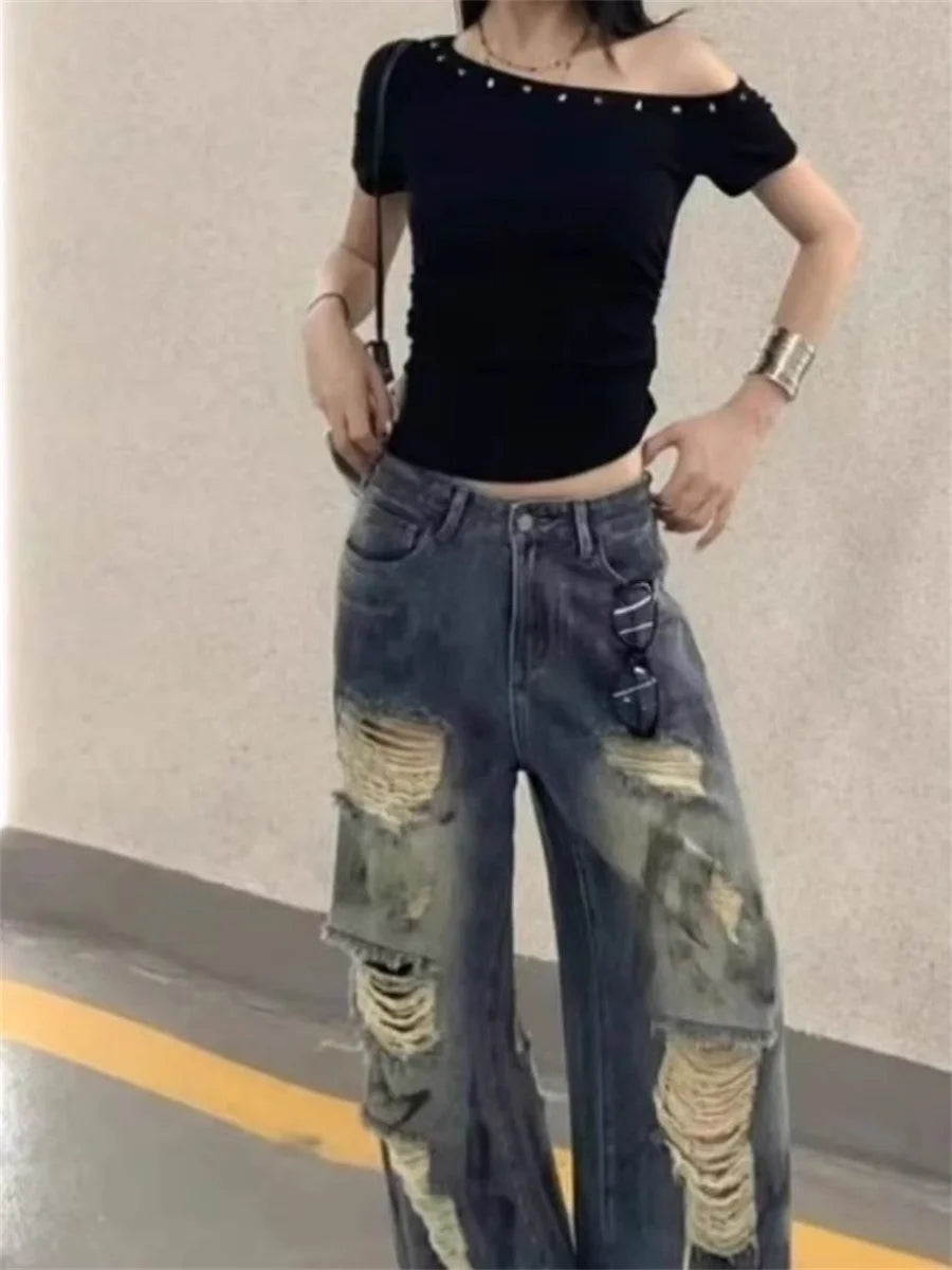 Black Sexy One Shoulder Tops Women 2025 Summer Streetwear Ribbed Slim Fit Tight T-Shirt Female Y2K Grunge Punk Daily Crop Tops