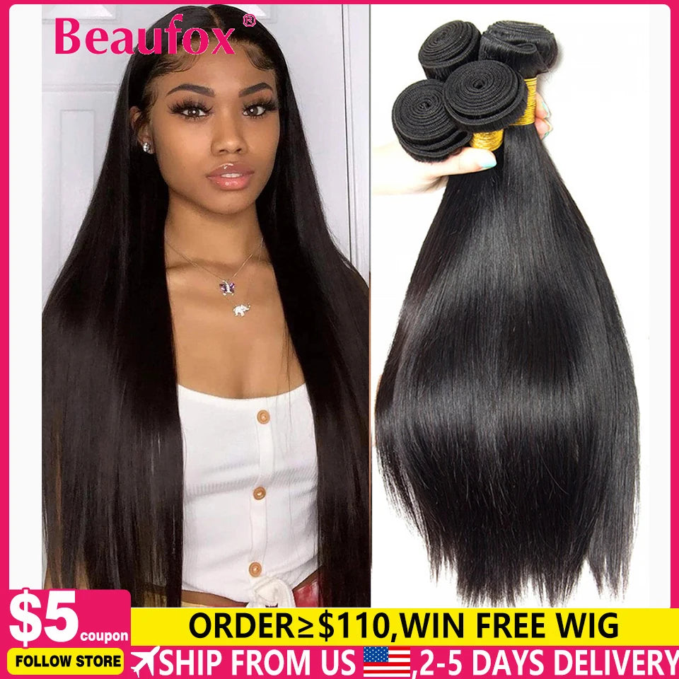 Beaufox Brazilian Hair Weave Bundles Straight Human Hair Bundles Extension Natural/Jet Black Remy 1/3/4 Pc Hair Bundles 8-30 In