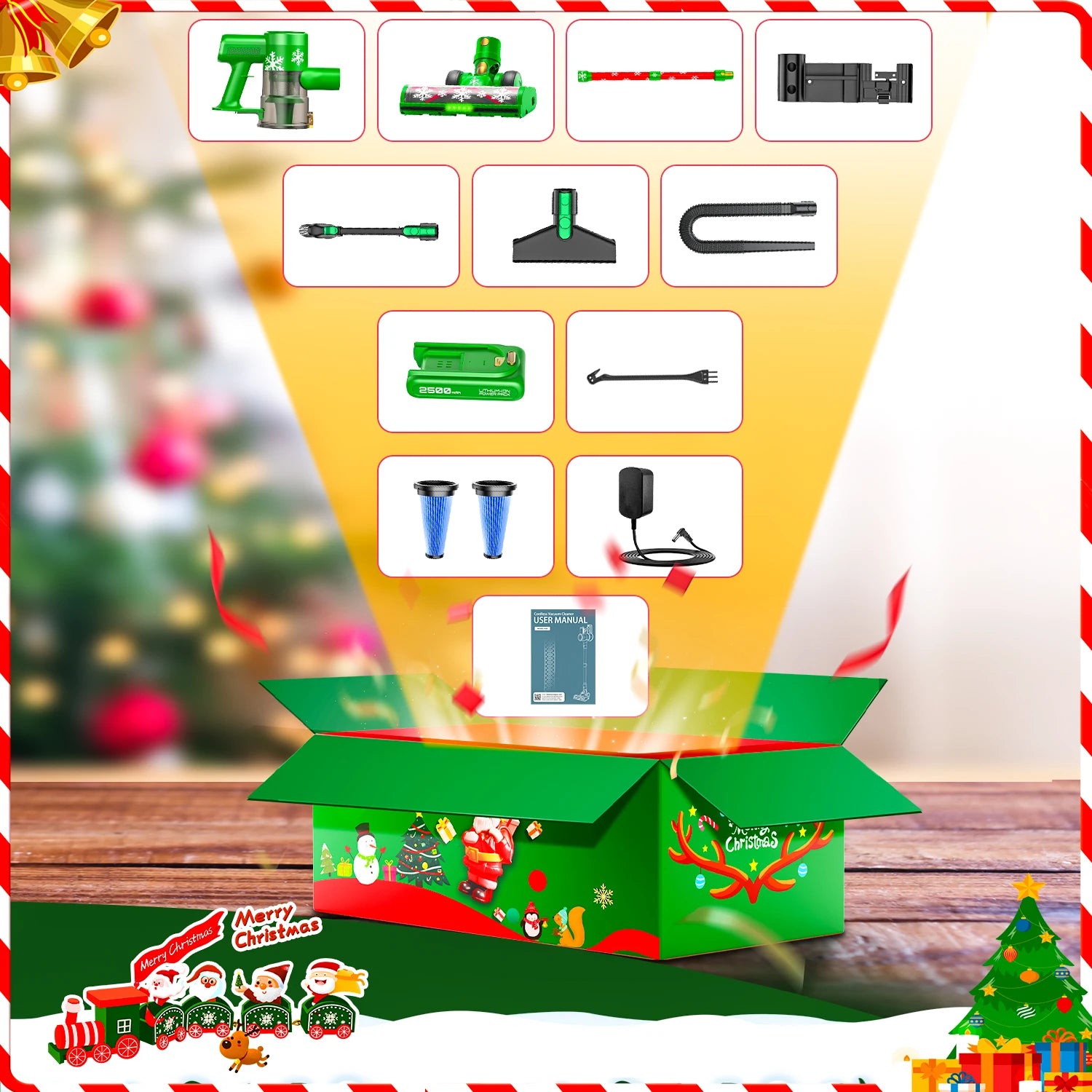 Christmas Cordless Stick Vacuum Cleaner Powerful Suction Self-Standing Household Hotel Car Pet Hair Carpet Cleaning Dry HEPA