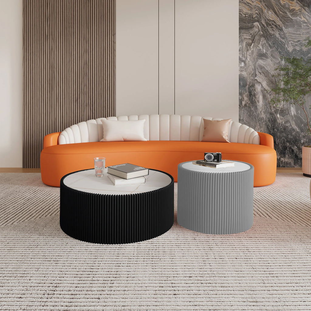 Set of 2 Wooden Coffee Tables Light Marble Top Cylinder Shape Leather Sofa Table Tea Table Easy to Clean Living Room Furniture