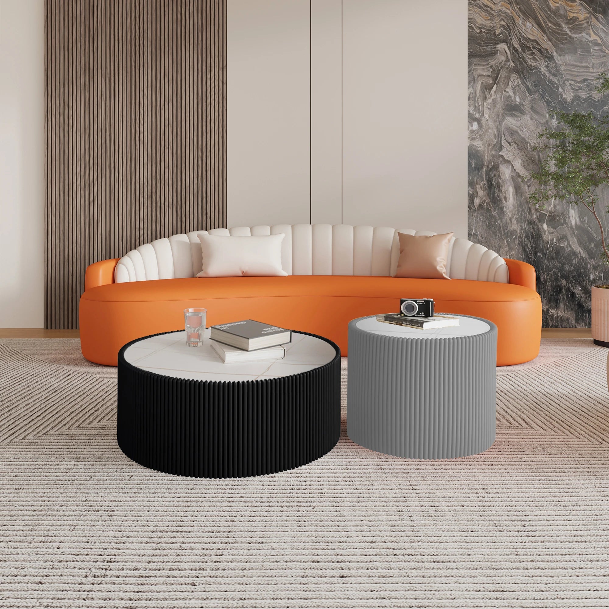 Set of 2 Wooden Coffee Tables Light Marble Top Cylinder Shape Leather Sofa Table Tea Table Easy to Clean Living Room Furniture