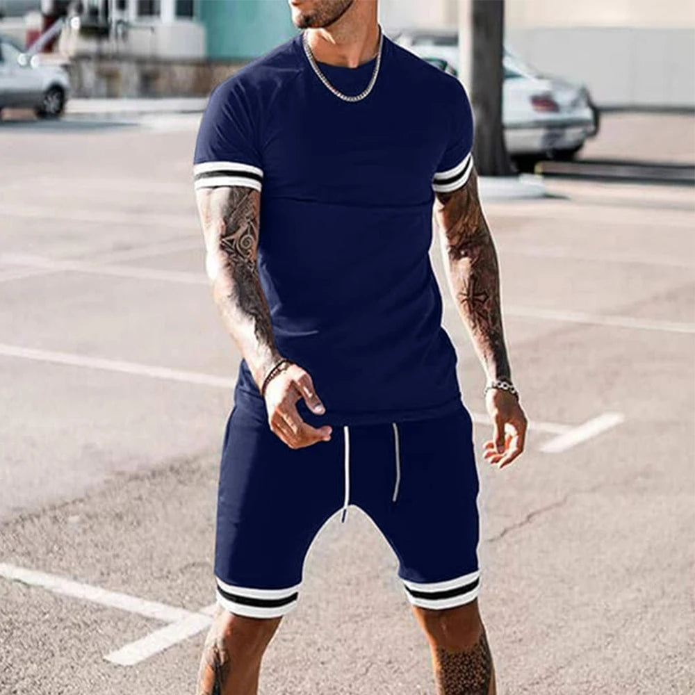 Free Shipping to the USA Plus Size Tracksuit Fashion Short Sleeve Top and Sweatpants Casual Suit Set Biker Shorts Men's Sets