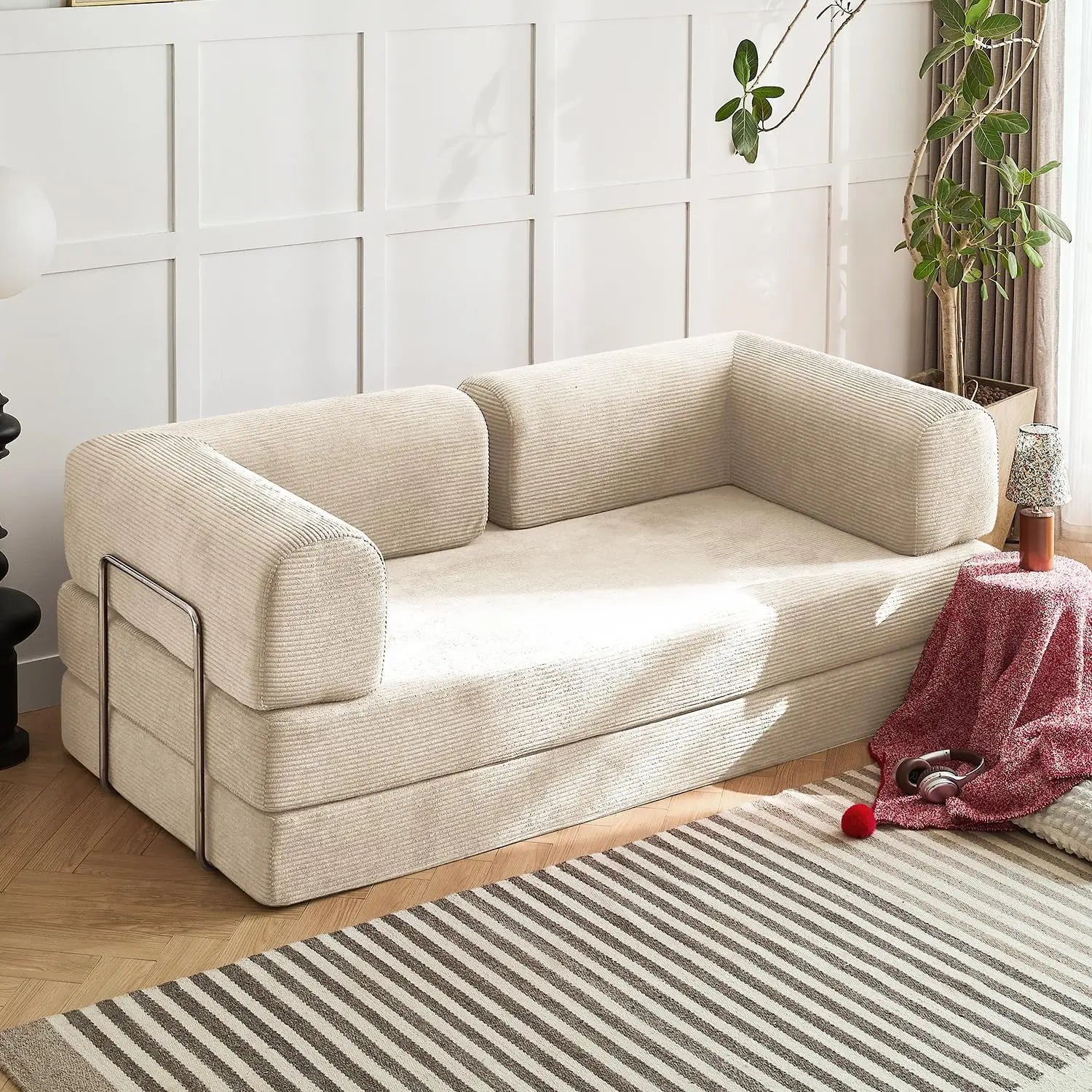 Free Shipping , Modern Convertible Recliner,Corduroy  Fabric, Metal Frame Sofa Bed with Fixed Shape Frame Living Room Seat