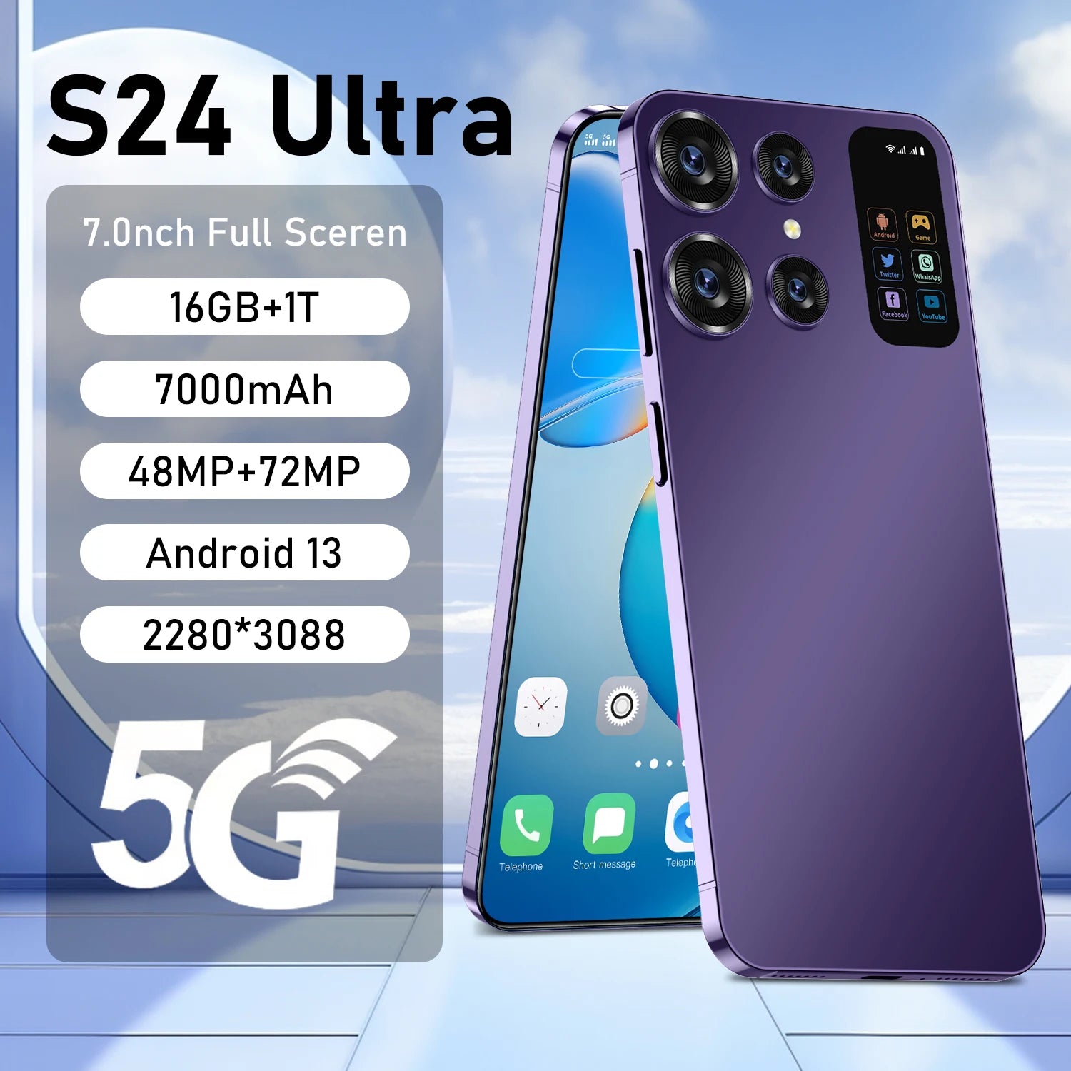 S24 Ultra 5G Android Smartphone 7 Inch Full Display 48MP+108MP Dual Camera Face Unlock 16GB+512GB Free Shipping