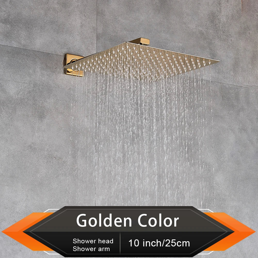 Rozin Brushed Golden Rainfall Shower Head Bathroom 8/10/12" Ultrathin Style Top Shower Head with Wall Mounted Shower Arm