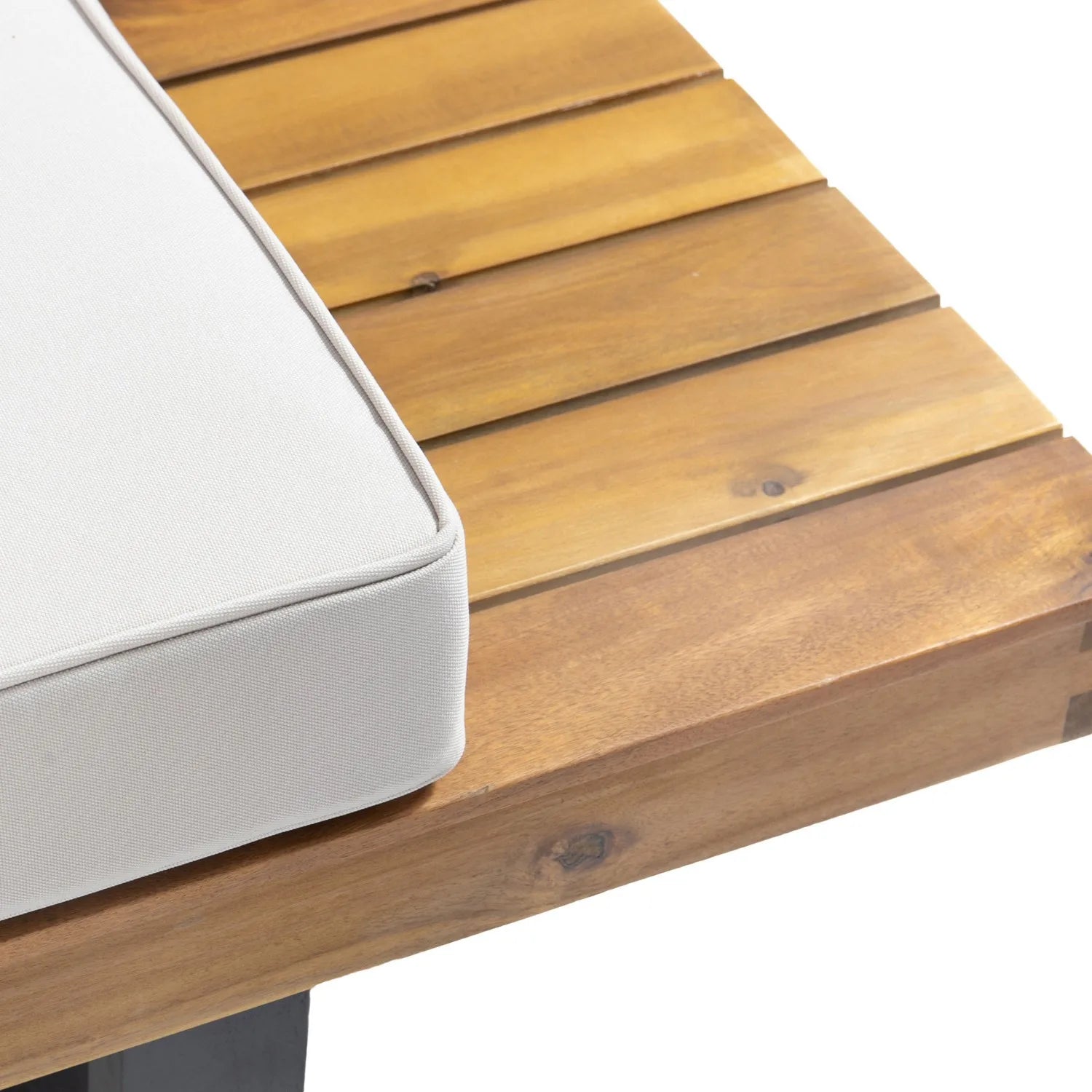 2-Seater Wooden Sofa Set Right Side Outdoor Sofa Beige Cushions Acacia Wood Frame Black Metal Legs for Hotel Villa Use