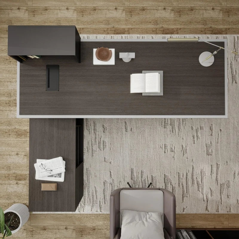 Free Shipping US Warehouse in Stock 78" Executive Desk with Drawers - L Shaped Desk Black Executive Office Desks with LED Light