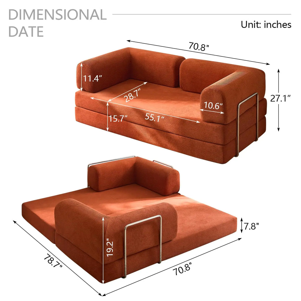 Free Shipping , Modern Convertible Recliner,Corduroy  Fabric, Metal Frame Sofa Bed with Fixed Shape Frame Living Room Seat