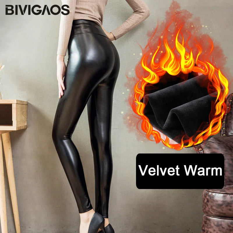 BIVIGAOS Fashion Women PU Leather Pants Elastic High Waist Winter Leggings Slim Velvet Leather Leggings Skinny Fleece Trousers