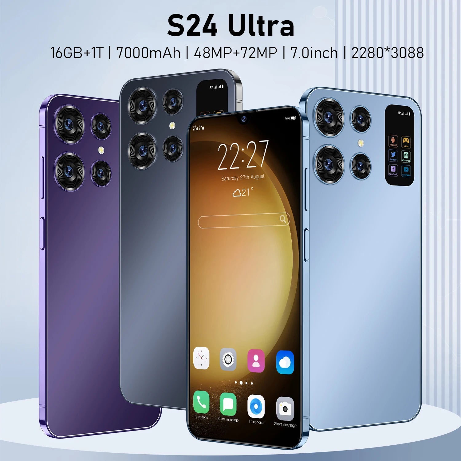 S24 Ultra 5G Android Smartphone 7 Inch Full Display 48MP+108MP Dual Camera Face Unlock 16GB+512GB Free Shipping