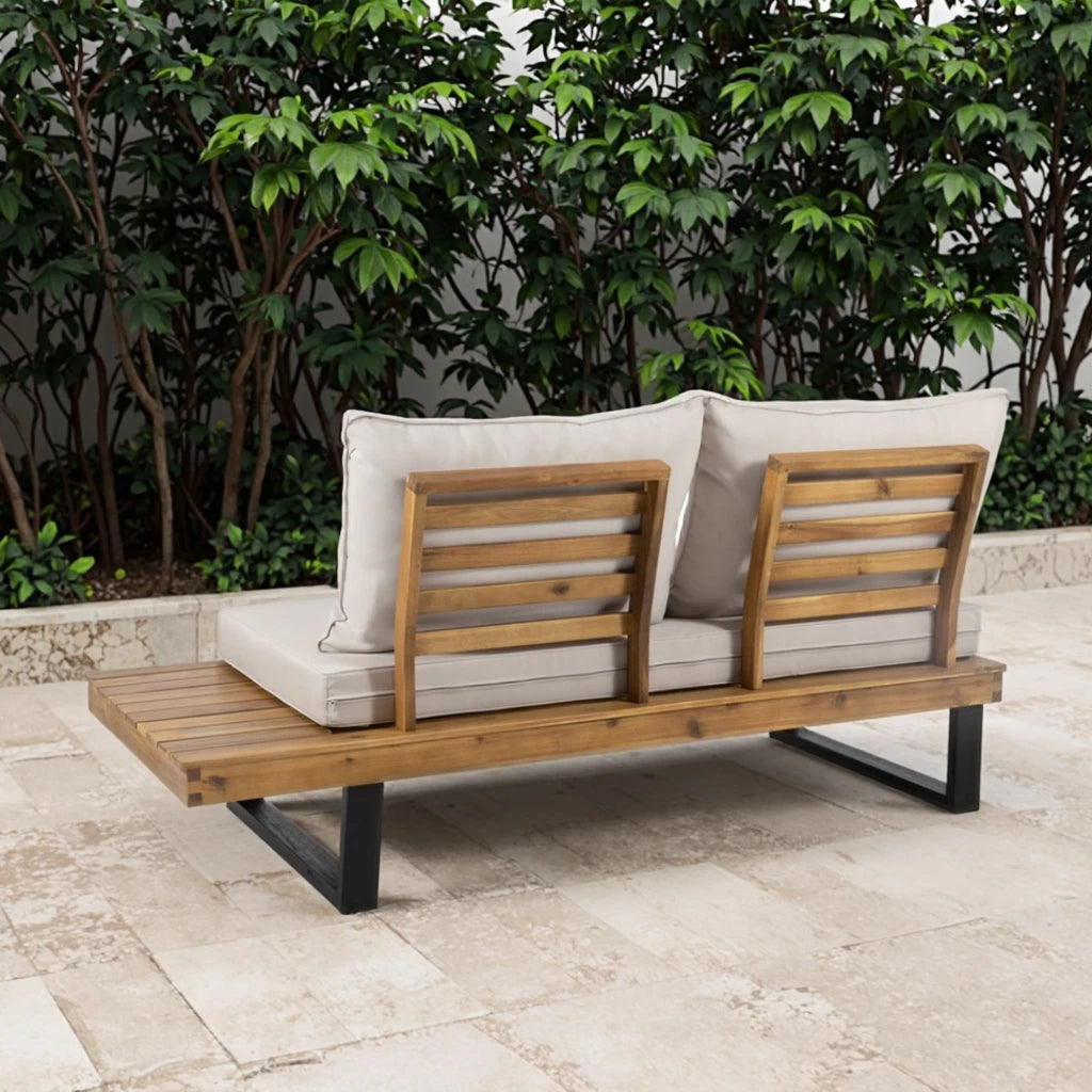 2-Seater Wooden Sofa Set Right Side Outdoor Sofa Beige Cushions Acacia Wood Frame Black Metal Legs for Hotel Villa Use