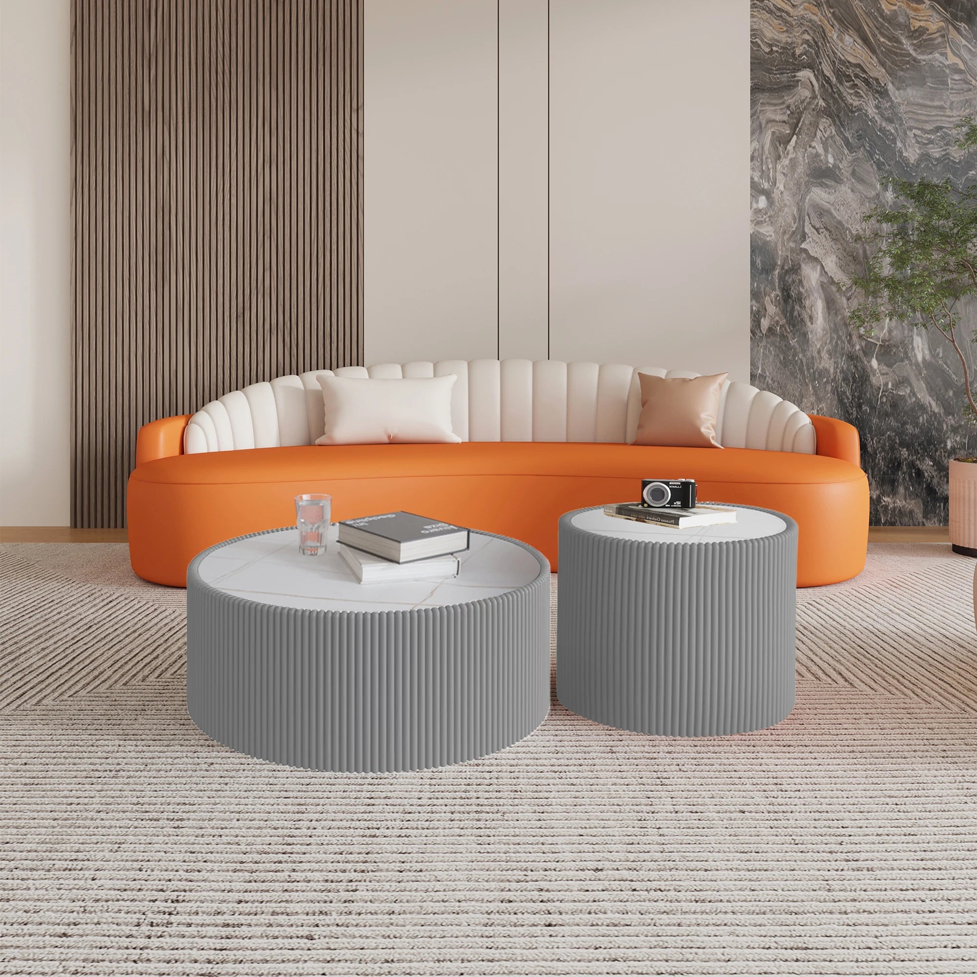 Set of 2 Wooden Coffee Tables Light Marble Top Cylinder Shape Leather Sofa Table Tea Table Easy to Clean Living Room Furniture