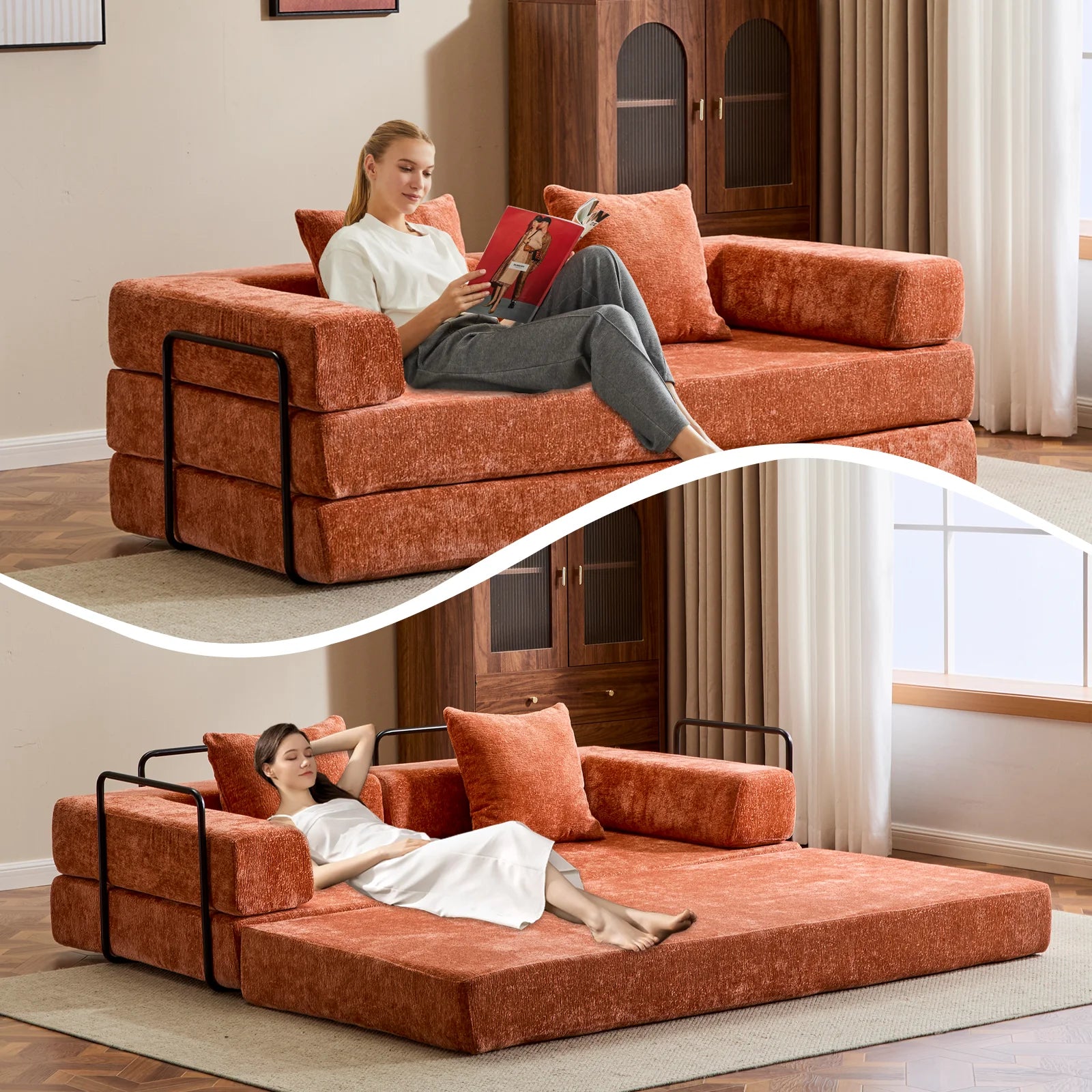 Modern Contemporary 4-in-1 Home Theater Recliner Set Foldable Eco-Friendly Corduroy Fabric Sofa Bed Durable Portable for Living