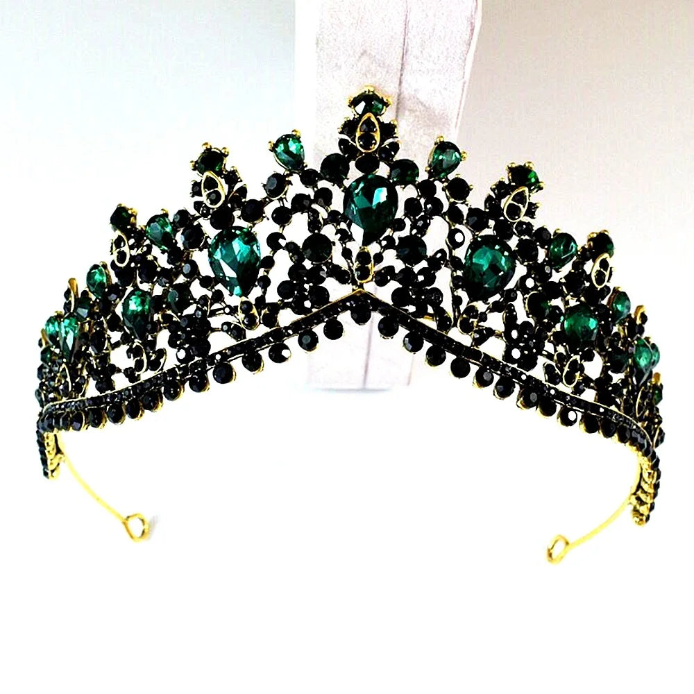 Baroque Bronze Black Green Crystal Bridal Tiaras Crown Vintage Rhinestone Diadem for Brides Headbands Wedding Hair Accessories