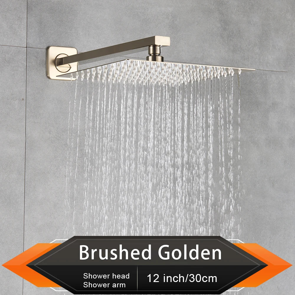 Rozin Brushed Golden Rainfall Shower Head Bathroom 8/10/12" Ultrathin Style Top Shower Head with Wall Mounted Shower Arm