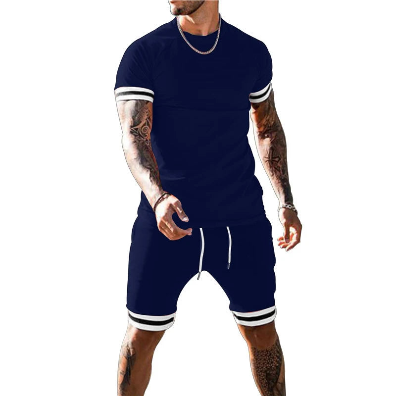 Free Shipping to the USA Plus Size Tracksuit Fashion Short Sleeve Top and Sweatpants Casual Suit Set Biker Shorts Men's Sets
