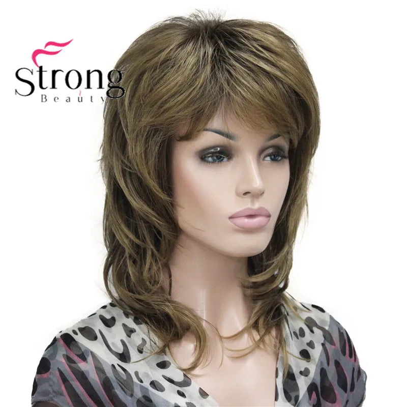 Lady Women Blonde With Dark Root Medium Length Cascaded Layers Synthetic Hair Full Wig for women