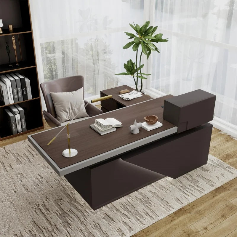 Free Shipping US Warehouse in Stock 78" Executive Desk with Drawers - L Shaped Desk Black Executive Office Desks with LED Light