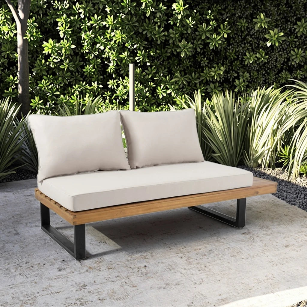 2-Seater Wooden Sofa Set Right Side Outdoor Sofa Beige Cushions Acacia Wood Frame Black Metal Legs for Hotel Villa Use
