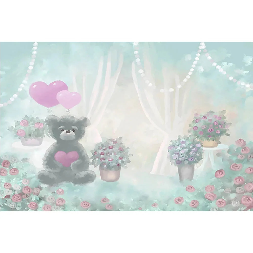 Valentine's Day Photography Bear Love Flowers Portrait Backdrop Floral Oil Painting Children Birthday Background White Curtain