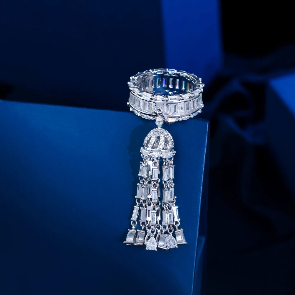 Unique Design Luxury Statement Charms Chic Cubic Zirconia Wedding Long Tassel Finger Rings for Women Bohemian Beach Jewelry