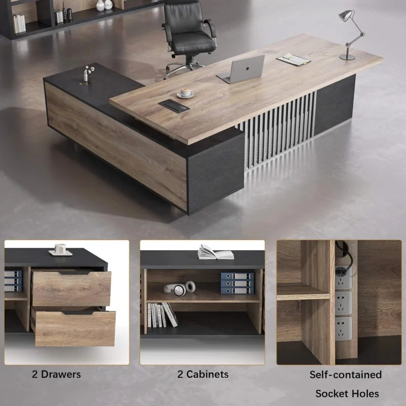 Free Shipping US Warehouse in Stock 70.86" Industrial Office Desk with Drawer Cabinet Large Wood Desktop L-Shaped Executive Desk