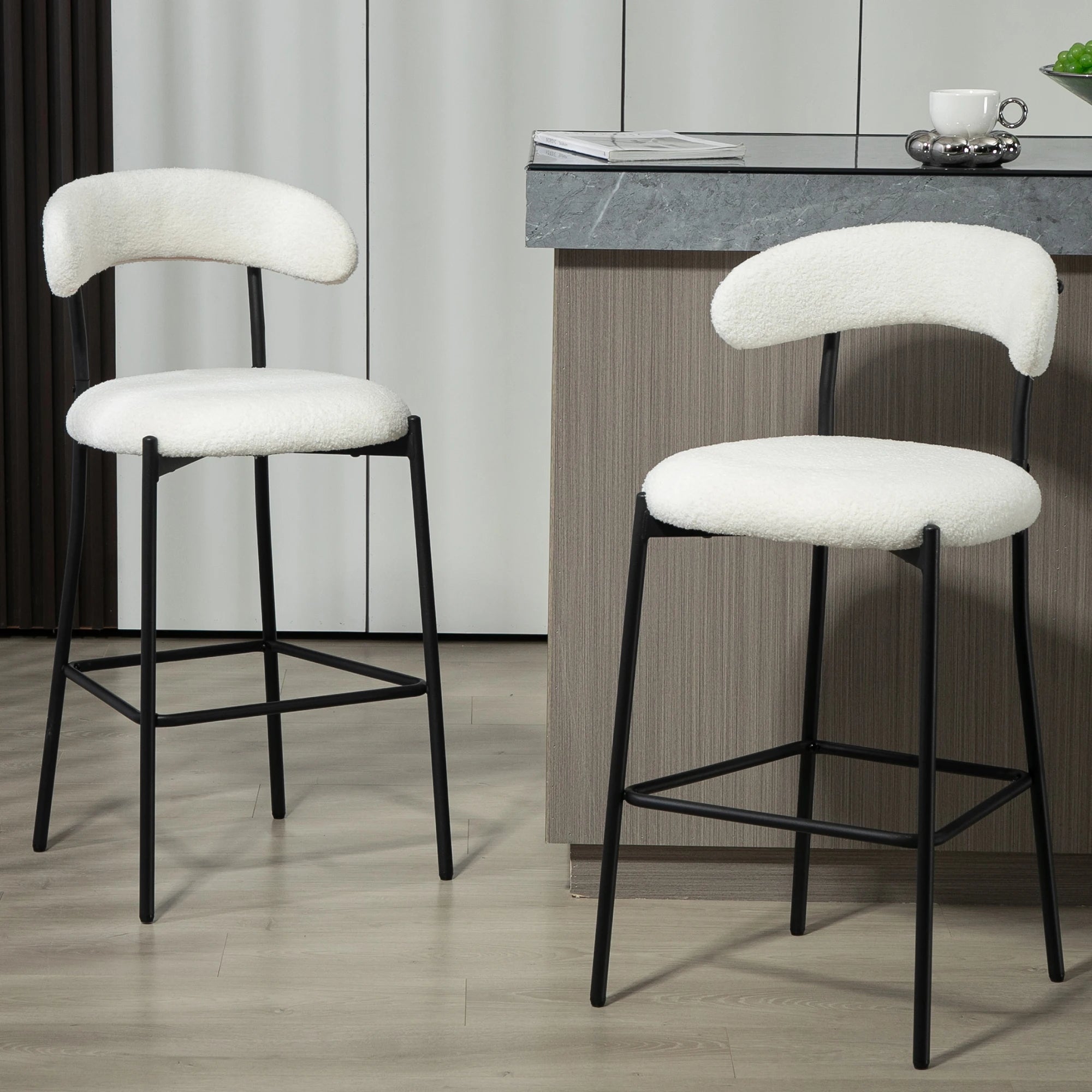 Modern Adjustable Height Bar Stools with Teddy Fabric Cover Black Powder Coating Base and Footrest for Dining