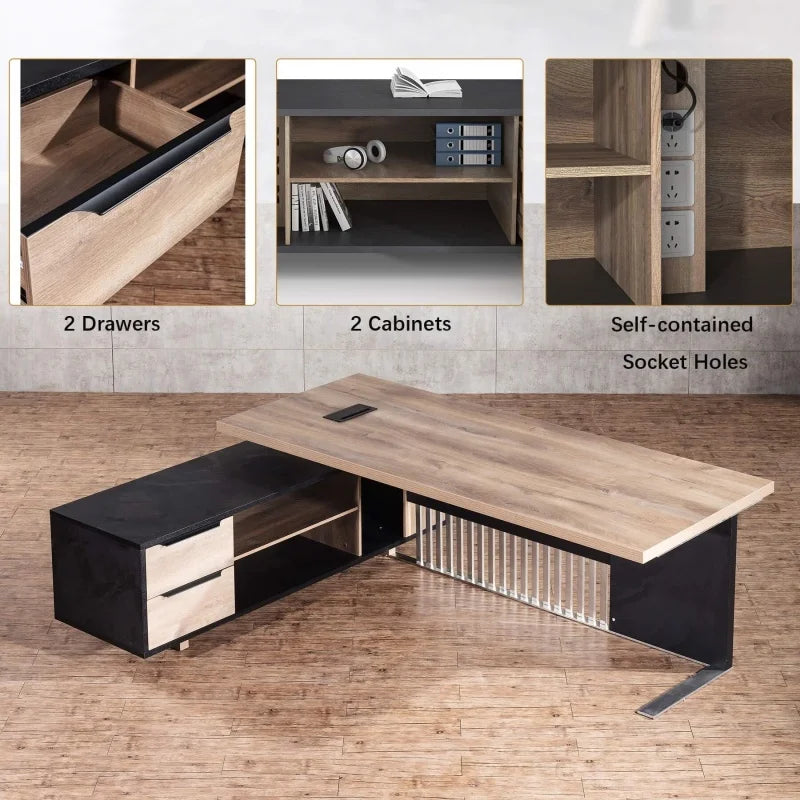 Free Shipping US Warehouse in Stock 70.86" Industrial Office Desk with Drawer Cabinet Large Wood Desktop L-Shaped Executive Desk