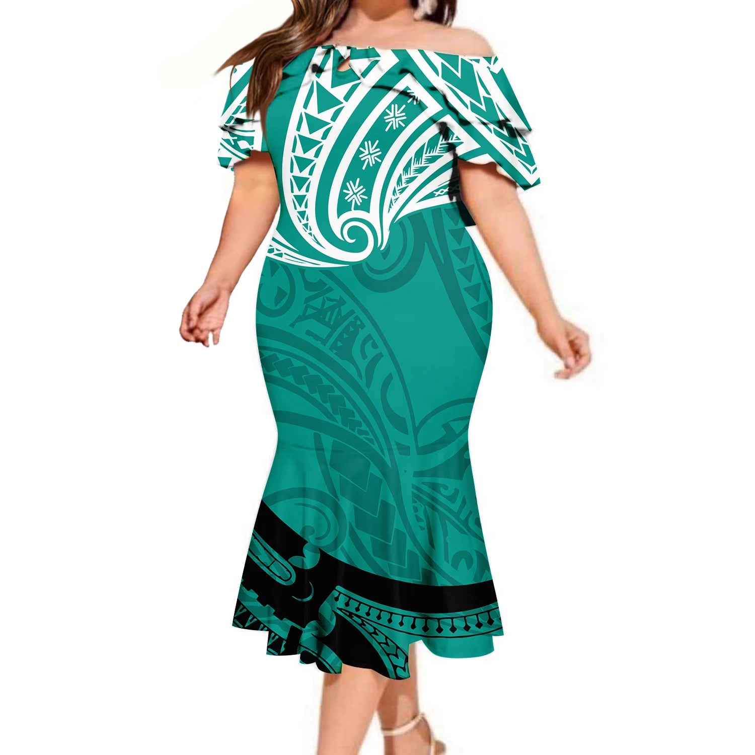 Top Quality Wholesale Custom Polynesian Elei Tribal Design Midi Dresses Tapa Print Mermaid Double Shawl Dress Oversize Vestidos