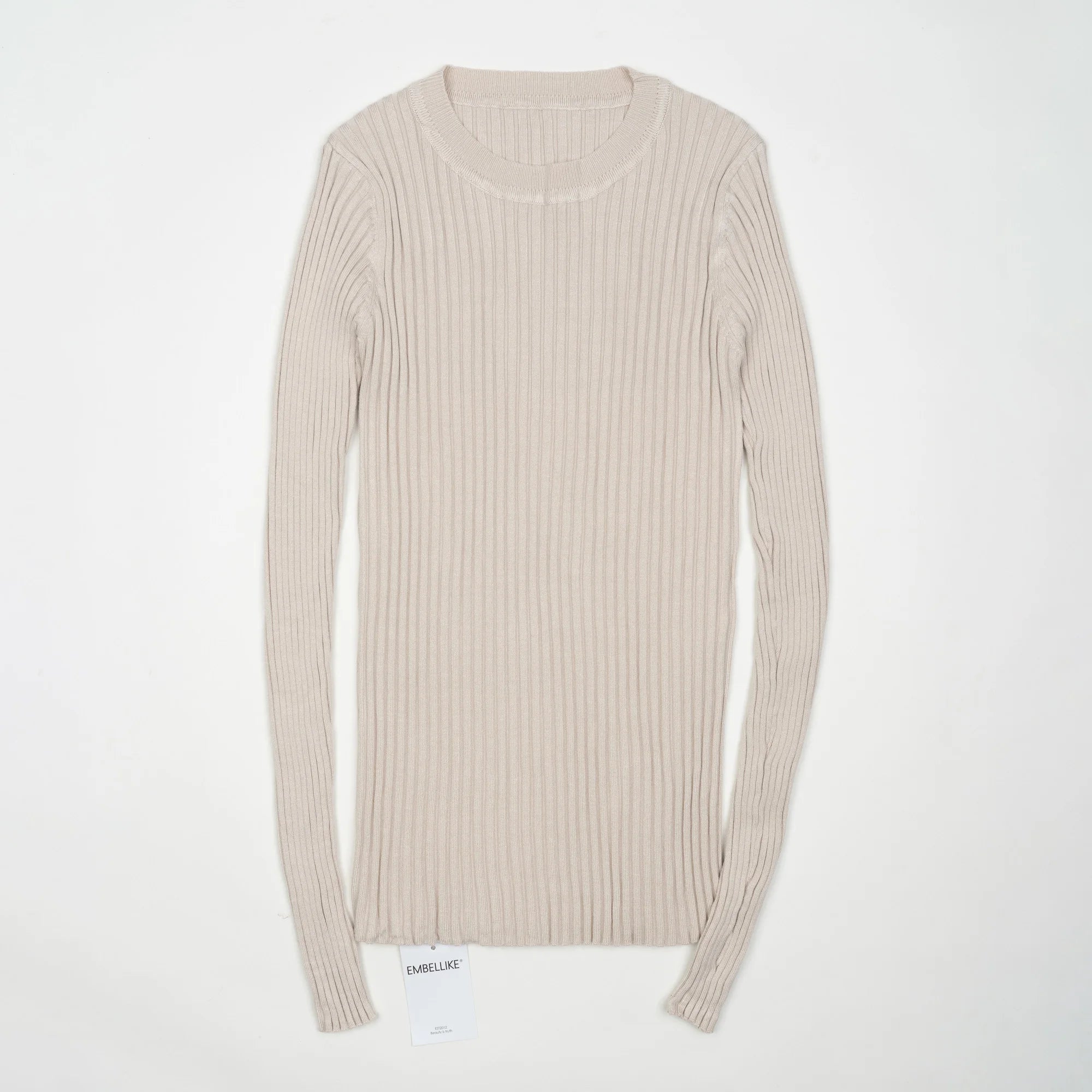 Women Sweater Pullover Basic Crew Neck Ribbed Tops Solid Knitted Jumper With Thumb Hole