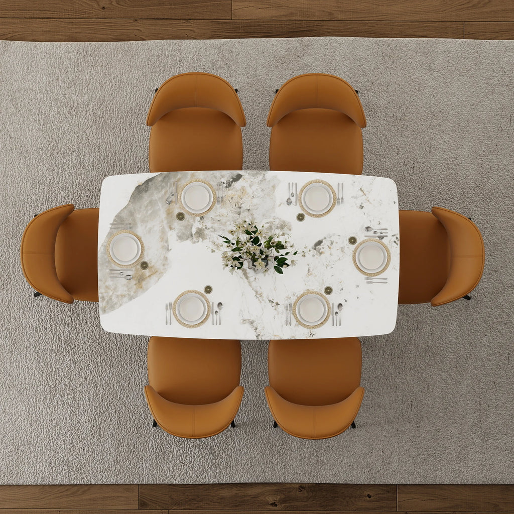 Voxhome US Drop Shipping Dining Room Furniture Luxury Marble Texture Dining Table Sintered Stone Top Gold Base Dinner Table Set