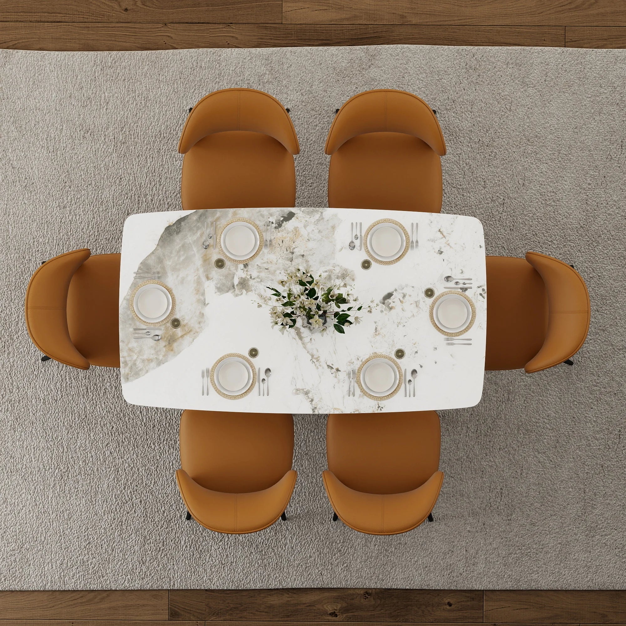 Voxhome US Drop Shipping Dining Room Furniture Luxury Marble Texture Dining Table Sintered Stone Top Gold Base Dinner Table Set