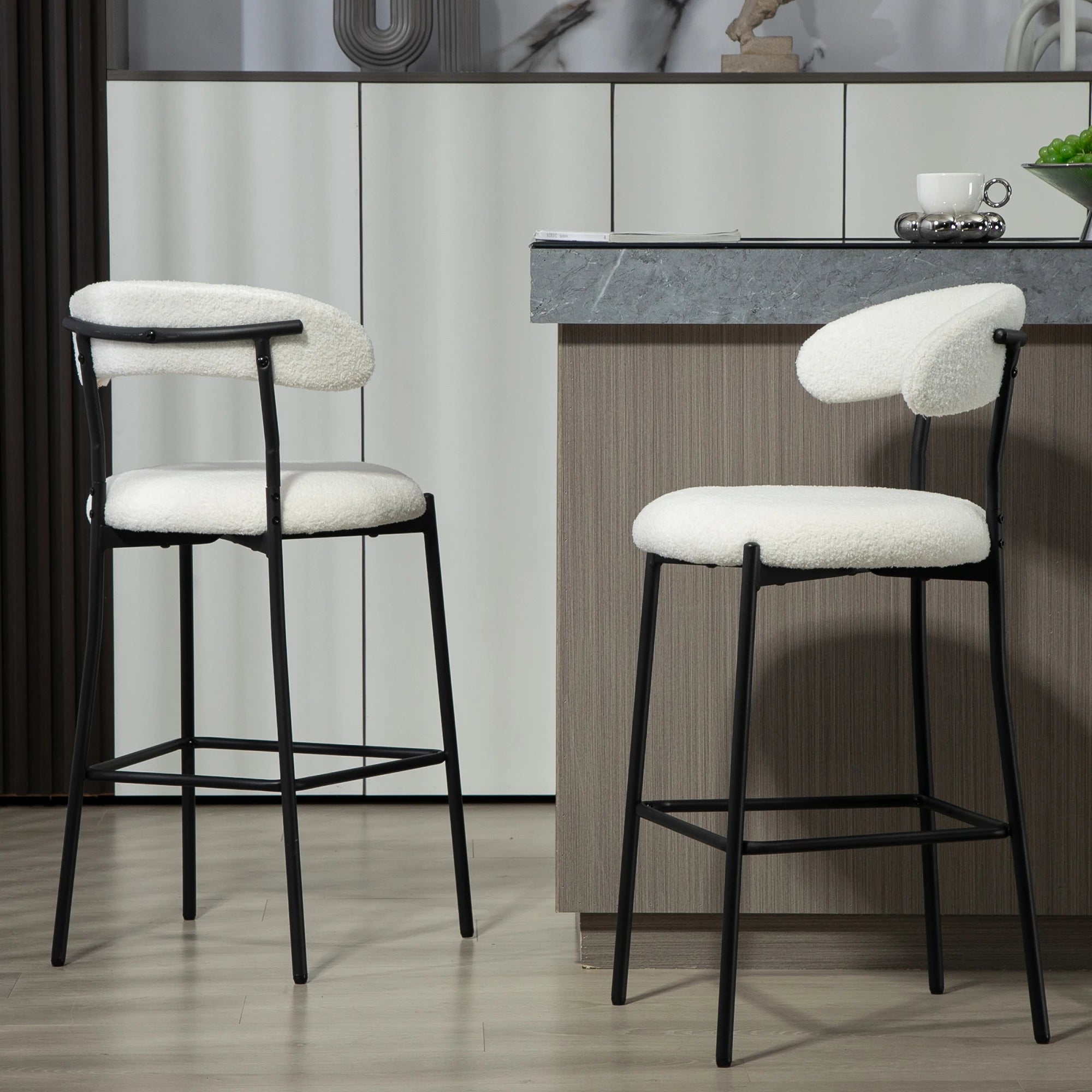 Modern Adjustable Height Bar Stools with Teddy Fabric Cover Black Powder Coating Base and Footrest for Dining